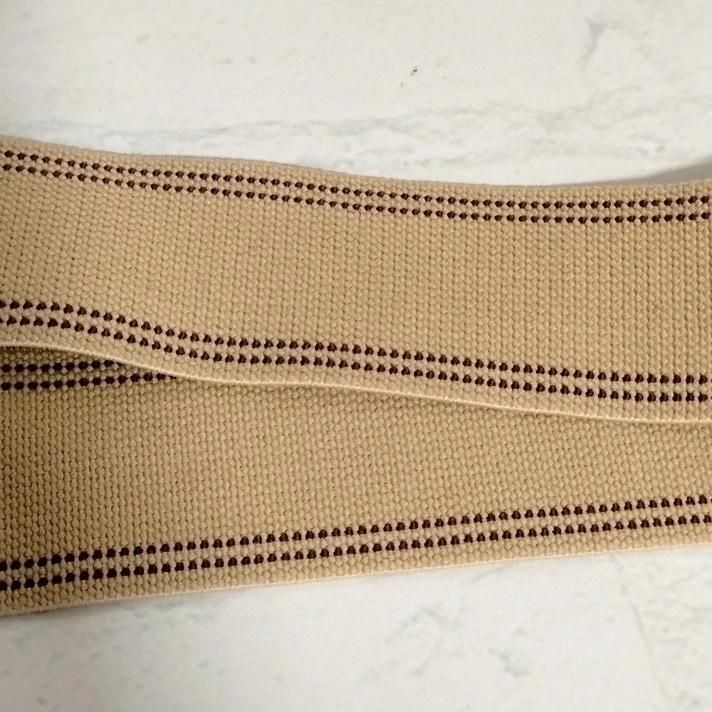 FOSSIL Leather & Tan Fabric Belt Interlock Brass Hook Stretch Women’s Chevron